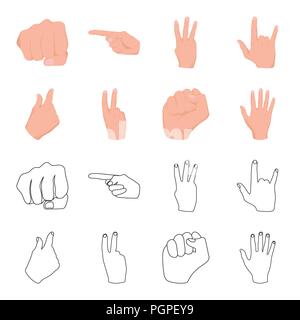 Faust, Sieg öffnen, Geizkragen. Geste set Sammlung Icons im Cartoon, Outline style Vektor Symbol lieferbar Abbildung. Stock Vektor