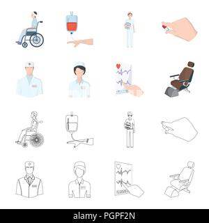 Der behandelnde Arzt, die Krankenschwester, die elektrokardiogramm des Herzens, der zahnmedizinischen Stuhl. Medicineset Sammlung Icons im Cartoon, Outline style Vektor Symbol Stock Vektor