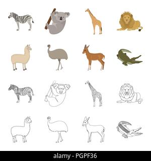 Lama, Strauß emu, jungen Antilope, Krokodil. Wildes Tier, Vogel, Reptil set Sammlung Icons im Cartoon, Outline style Vektor Symbol lieferbar Illu Stock Vektor