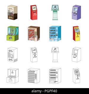 Ein Spiel, ein Ticket sales Terminal, ein Automat für den Verkauf von Aqua und Schokolade. Klemmen Set Sammlung Icons im Cartoon, outline Style isometri Stock Vektor