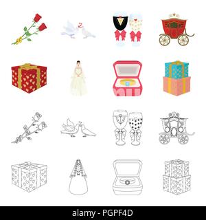 Hochzeit und Attribute Cartoon, umriss Symbole im Set Sammlung für Design. Jungvermählten und Zubehör vektor Symbol lieferbar Abbildung. Stock Vektor