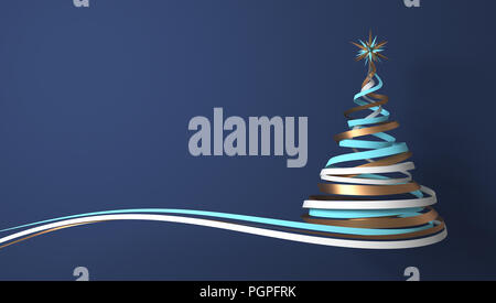 Weihnachtsbaum aus Weiß, Türkis und Gold Bänder auf blauem Hintergrund. 3D-Darstellung. Stockfoto