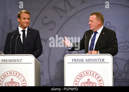 Kopenhagen, Dänemark. 28. Aug 2018. Präsident Frankreichs, Emmanuel Längestrich in Kopenhagen, Dänemark, Pressekonferenz mit dem dänischen Ministerpräsidenten Lars Lokke Rasmussen. Credit: davut Colak/Alamy leben Nachrichten Stockfoto