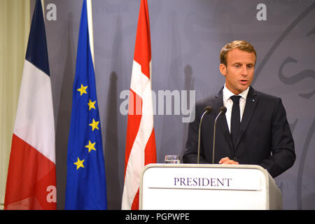 Kopenhagen, Dänemark. 28. Aug 2018. Präsident Frankreichs, Emmanuel Längestrich in Kopenhagen, Dänemark, Pressekonferenz mit dem dänischen Ministerpräsidenten Lars Lokke Rasmussen. Credit: davut Colak/Alamy leben Nachrichten Stockfoto