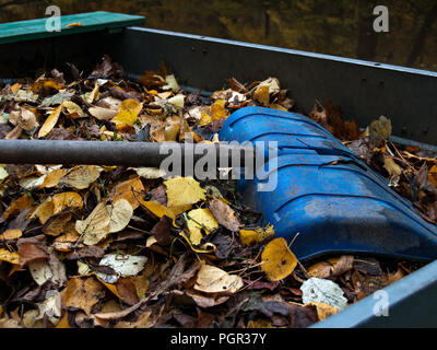 Auf einem Stapel von gelben Herbst gefallen und in einen Haufen Blätter gesammelt liegt ein grosses Blau Schaufel Stockfoto