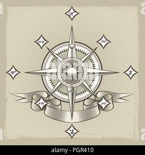 Retro Compass Rose in Gravur Stil gezeichnet. Vector Illustration. Stock Vektor