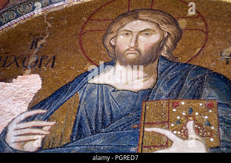 Nahaufnahme einer byzantinischen Mosaik an der Wand der Kariye Museum zuvor als Chora Kirche dann Kariye Moschee bekannt. Stockfoto