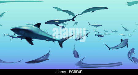 HDRI-Map, sphärischen Umwelt panorama Natur Hintergrund, Gruppe der Silvertip Hai im Meer schwimmen (3d equirectangular Abbildung) Stockfoto