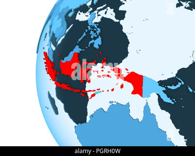 3D-Render von Indonesien in Rot auf Blau politische Globus mit transparenten Ozeane. 3D-Darstellung. Stockfoto