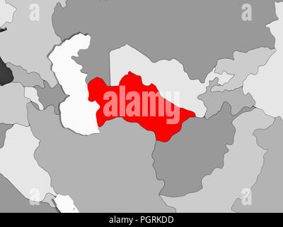In Rot auf Grau politische Karte mit transparenten Ozeane Turkmenistan. 3D-Darstellung. Stockfoto