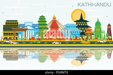 Kathmandu Nepal Skyline der Stadt mit Gebäuden, blauer Himmel und Reflexionen. Vector Illustration. Business Travel und Tourismus Konzept Stock Vektor