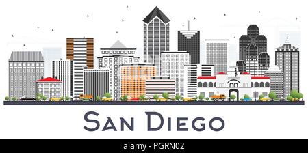 San Diego California City Skyline mit grauen Gebäude isoliert auf Weiss. Vector Illustration. Stock Vektor