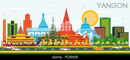 Yangon Myanmar Skyline der Stadt mit Gebäuden und blauer Himmel. Vector Illustration. Business Travel und Tourismus Konzept mit historischer Architektur. Stock Vektor