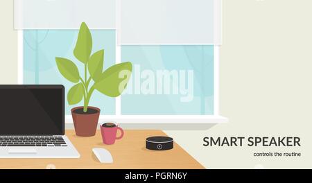Smart Box steuert die Routine. Flache Vector Illustration für mockup Design schwarz Home smart Lautsprecher mit integrierter virtueller Assistent an die wo Stock Vektor