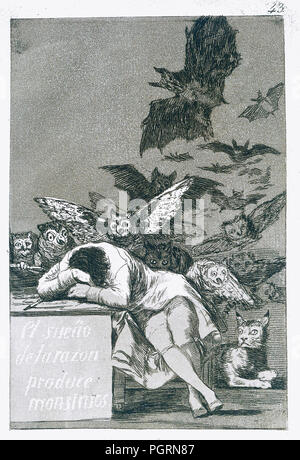 El Sueño De La Razon Monstruos produzieren - Der Traum der Vernunft gebiert Ungeheuer. Von Francisco de Goya, Nummer 43 aus seiner Serie Los Caprichos Stockfoto
