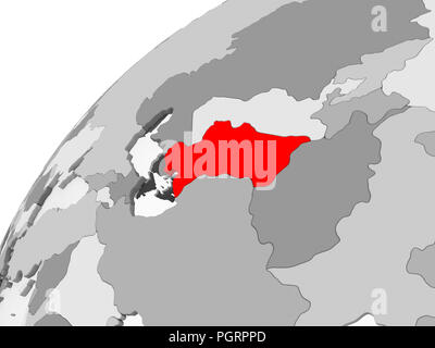 Karte von Turkmenistan in Rot auf Grau politische Globus mit transparenten Ozeane. 3D-Darstellung. Stockfoto