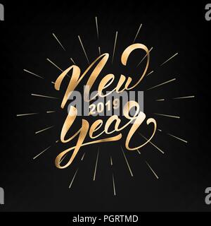 Das neue Jahr 2019. Frohes Neues Jahr 2019 Gold Folie hand Schrift Label. Hand gezeichnet Logo für Neue Jahr Karte, Plakat, Design etc. Stock Vektor