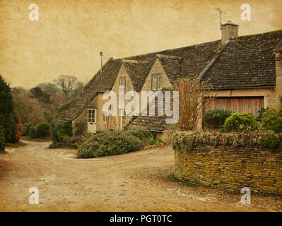 Altes Haus in Bibury, Gloucestershire, England, UK. Foto im Retro-Stil. Papier Textur. Stockfoto