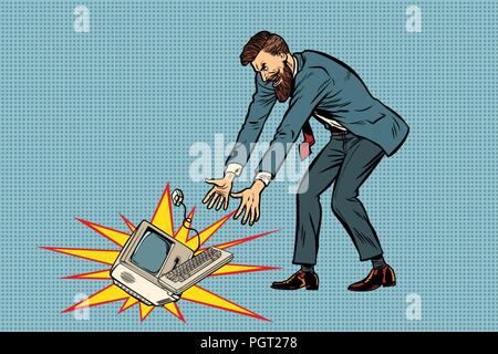 Geschäftsmann in Wut bricht Computer Stock Vektor