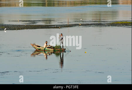 Ägyptische Männer in alten Ruderboot fischen mit Netz im frühen Morgenlicht, mit Wasser Reflexionen, Nil, Ägypten, Afrika Stockfoto