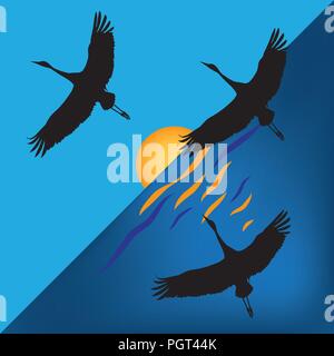 Vector Illustration mit Szene der Krane auf Sonnenuntergang Sun Stock Vektor