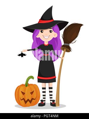 Happy Halloween. Junge Hexe mit lila Haaren Holding bat und Besen Süß und in der Nähe von scary pumpkin. Vector Illustration auf weißem Hintergrund. Stock Vektor