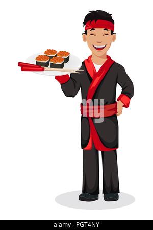 Japanischen Chefkoch kochen Sushi rollen. Stattliche Zeichentrickfigur Halteplatte mit Sushi rollen und Stäbchen. Vector Illustration Stock Vektor