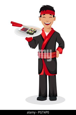 Japanischen Chefkoch kochen Sushi rollen. Stattliche Zeichentrickfigur Halteplatte mit Sushi rollen, Stäbchen und Sojasoße. Vector Illustration Stock Vektor