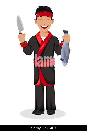 Japanischen Chefkoch kochen Sushi rollen. Stattliche Zeichentrickfigur holding Messer und Fisch. Vector Illustration Stock Vektor