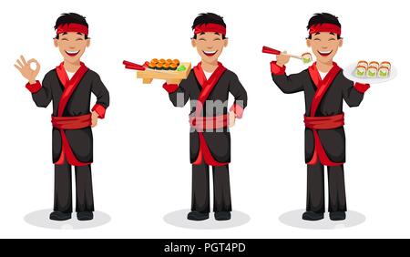 Japanischen Chefkoch kochen Sushi rollen, mit drei Posen. Hübscher cartoon Charakter zeigen ok Zeichen und Holding sushi Rollen. Vector Illustration Stock Vektor