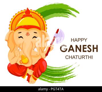 Happy Ganesh Chaturthi Grußkarte für traditionelle indische Festival. Lord Ganesha im Comic-stil. Vector Illustration auf grün Aquarell backgroun Stock Vektor