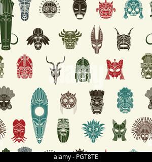 Tribal Mask nahtlose Muster Design in den Farben Stock Vektor