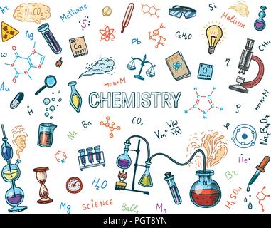 Chemie der Symbole festlegen. Schiefertafel mit Elemente, Formeln, Atom, Reagenzglas und Laborgeräten. Labor Arbeitsbereich und Reaktionen Forschung. Wissenschaft, Bildung, Medizin. graviert Hand gezeichnet. Stock Vektor