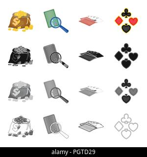 Ein Beutel mit Münzen, eine markierte Karte, ein Deck von Karten spielen im Casino, eine Karte. Casino set Sammlung Icons in Cartoon schwarz monochrome Umrisse sty Stock Vektor