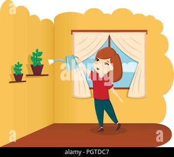 Ein Kind die Bewässerung eine Blume zu Hause, ein Kind hilft, eine gute Baby, ein Kind im Zimmer. Illustration, Vektor Stock Vektor