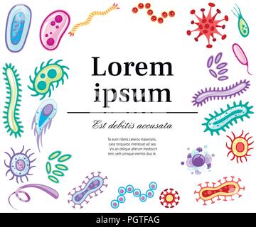 Bakterien und Viren. Bunte Mikroorganismen Sammlungen. Flache vektor Bakterien, Viren, Pilze, Protozoen. Flache Vector Illustration mit Platz für Tex Stock Vektor