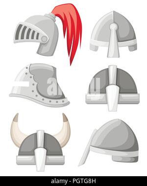 Mittelalterliche metall Ritter Helm Sammlung. Silberne Rüstung. Krieger, Ritter, Gothic, Norman Logo, Emblem, Symbol, sport Maskottchen. Flache Vektor illust Stock Vektor