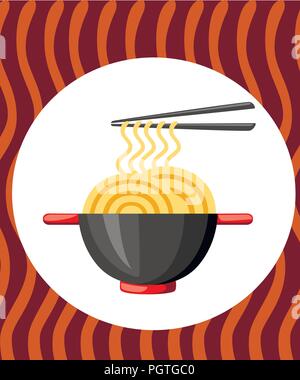 Schwarze Schale mit Nudeln und Essstäbchen. Rote Griffe. Flache Vector Illustration auf strukturierten Hintergrund. Bunte Symbol für Fast Food Restaurants. Stock Vektor