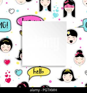 Mädchen Banner mit Anime emoji Muster. Süße Aufkleber mit emotico Stock Vektor