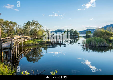 Eine hölzerne Brücke wraps entlang der Kante von einem Teich, in den ruhigen Gewässern in Kelowna, British Columbia widerspiegelt. Stockfoto