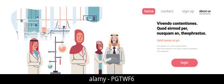 Gruppe arabischer Wissenschaftler, die im Labor forschen Reagenzglas dropper 1001 team Studie Chemikalien Experimente moderne Labor kopieren Raum portrait Banner Stock Vektor