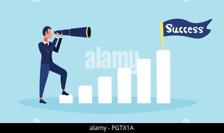 Unternehmer suchen Fernglas Leiter Business Vision erfolg Flagge Strategie Konzept flachbild Mann Zeichentrickfigur blauen Hintergrund horizontal Stock Vektor