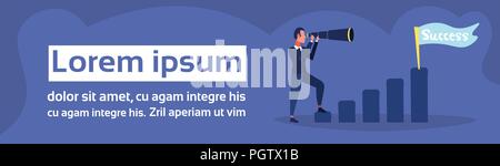 Unternehmer suchen Fernglas Leiter Business Vision erfolg Flagge Strategie Konzept flachbild Mann Zeichentrickfigur blauen Hintergrund horizontale Banner kopieren Raum Stock Vektor