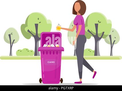 Müll sortieren. Die Umwelt zu schützen. Frau wirft den Müll in den Papierkorb. Vector Illustration. Stock Vektor
