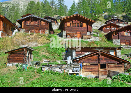 Traditionelle Schweizer Berghütten in einem Berg Sommer Weiler mit kleinen Bauernhof im Vordergrund. Stockfoto