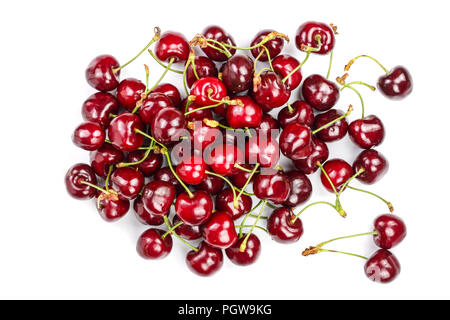 Süße rote Kirschen auf weißem Hintergrund. Ansicht von oben. Flach Muster Stockfoto