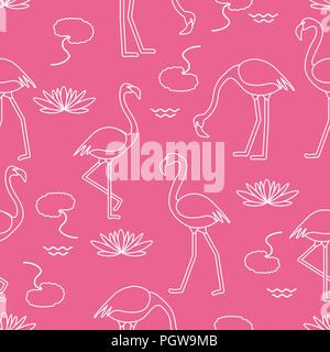 Nahtlose Muster mit Flamingo, Blumen und Blätter Seerosen. Design für Poster oder Drucken. Stock Vektor