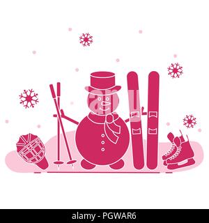 Winter im Freien genießen können. Schneemann mit Ski- und Hockey Ausrüstung. Vektor cartoon Skifahrer Symbol. Design für Werbung von aktiven Lebensstil. Stock Vektor