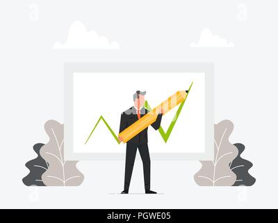 Geschäftsmann mit Kugelschreiber oder Bleistift und zeichnen Wachstum charts Unternehmen. Vector Illustration flache Bauform. Die erfolgreiche Erfüllung. Stock Vektor