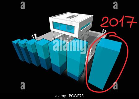 Diagramm eines modernen Hauses mit steigenden abstract Business Plan und Hand gezeichnet Hinweis 2017 über letzten Diagramm bar Stock Vektor